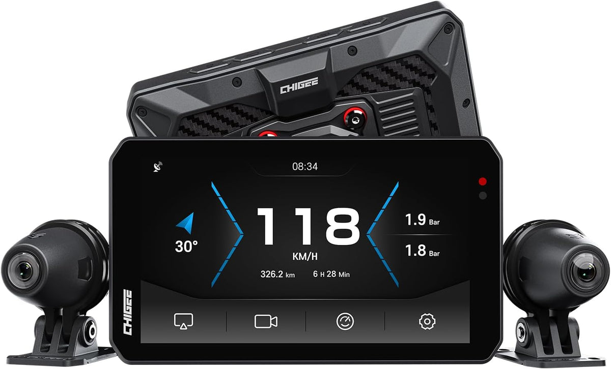 Motorsysteem – Motorboordcomputer – Motorrijder Dashboard – Motor Navigatie – Motorrij Veiligheidssysteem – Draadloze CarPlay & Android Auto – Dubbele 1080p Kamera’s Vorder- en Achterkant