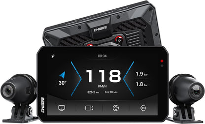 Motorsysteem – Motorboordcomputer – Motorrijder Dashboard – Motor Navigatie – Motorrij Veiligheidssysteem – Draadloze CarPlay & Android Auto – Dubbele 1080p Kamera’s Vorder- en Achterkant