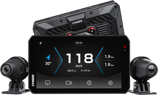 Motorsysteem – Motorboordcomputer – Motorrijder Dashboard – Motor Navigatie – Motorrij Veiligheidssysteem – Draadloze CarPlay & Android Auto – Dubbele 1080p Kamera’s Vorder- en Achterkant