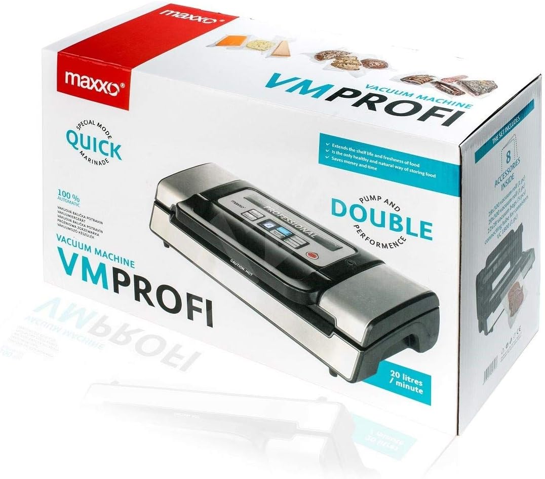 Maxxo VM Professionele vacuümverpakker met dubbele lasnaad, 20 l/min, vacuümpomp, 900 mbar, folielasapparaat voor levensmiddelen, vacuümzakken