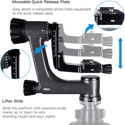SIRUI PH-10 Carbon Gimbal Statiefhoofd Zware Duty, 15kg Draagvermogen, 360° Panorama, met Arca-Swiss Snelwisselplaat voor Camera en Telelens