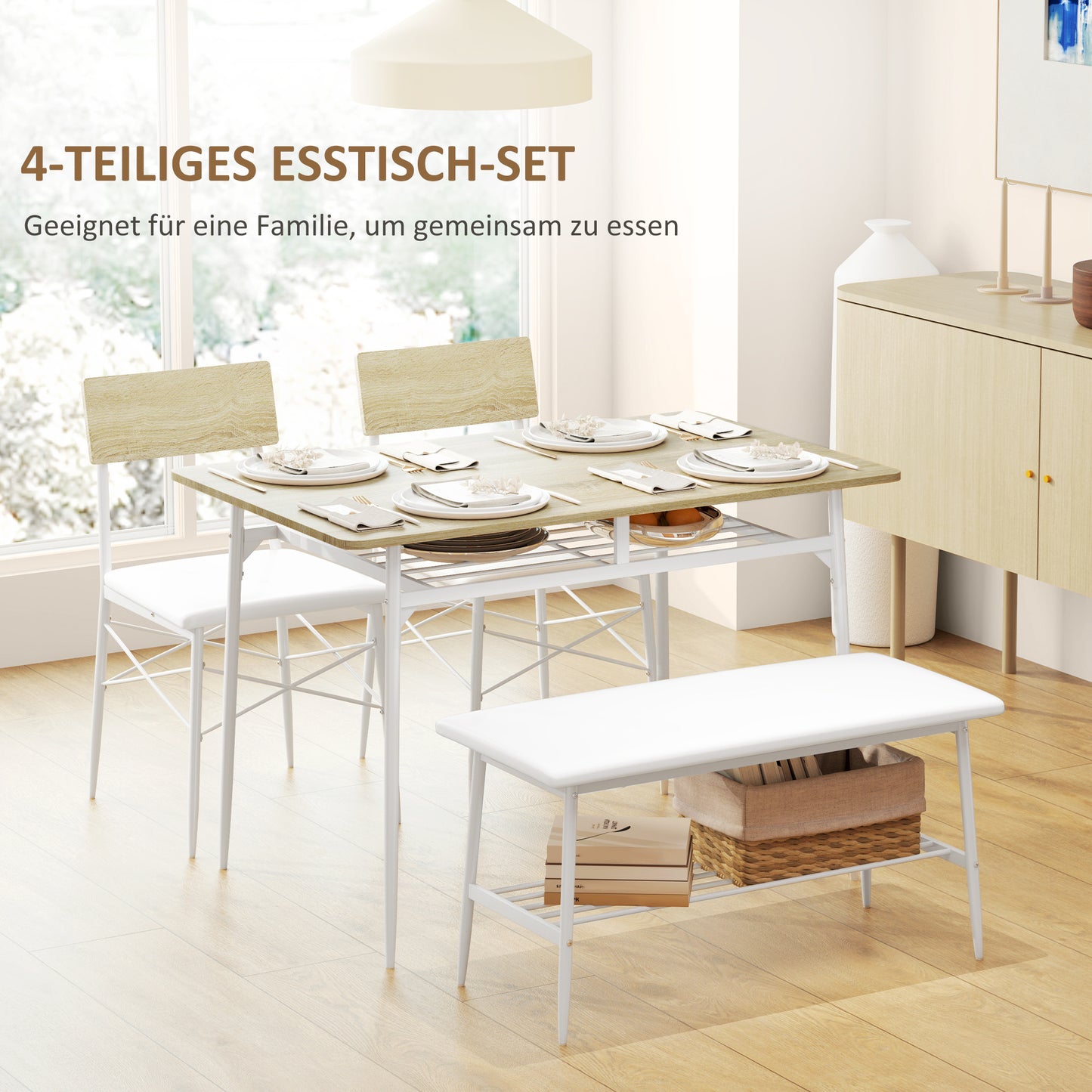 Eettafelset 4 Personen – Eettafel Met Stoelen – Eettafelbank – Dinerset – Eetkamerset – Eikenhout – Stalen Frame – Gewatteerde Zitplaatsen