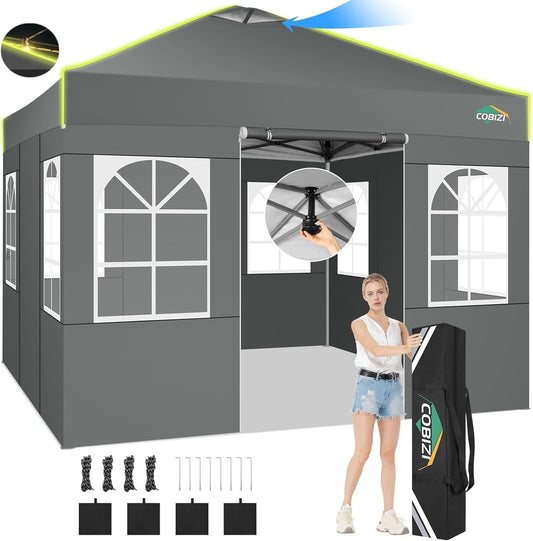 cobizi Paviljoen, 3x3 vouwpaviljoen, waterdicht, winterbestendig, centrale vergrendeling met één knop, partytent, opvouwbaar, anti-uv met fluorescerende strepen, 4 zijwanden, 3 hoogteverstelbaar,