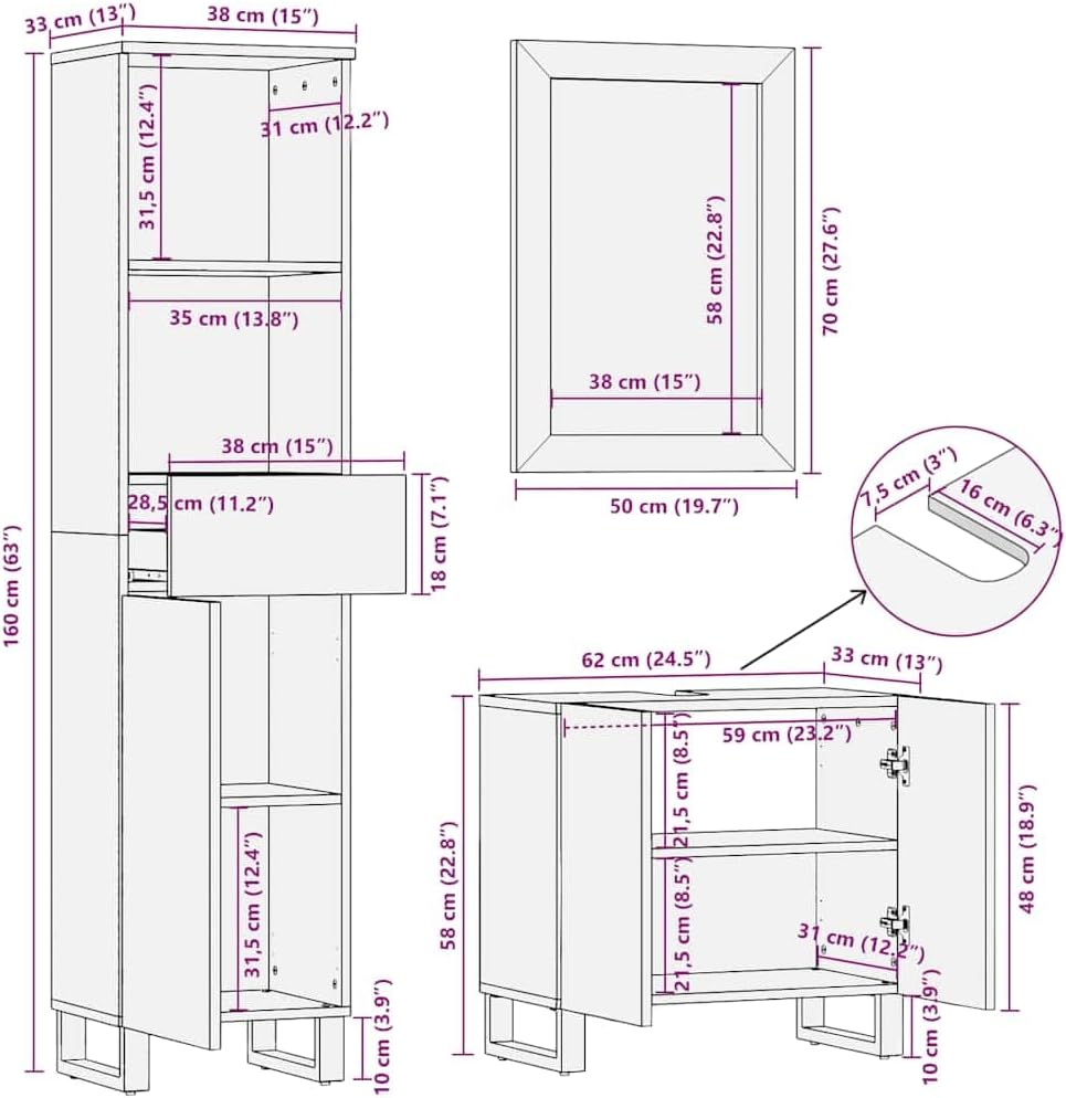 vidaXL 3-piece Bathroom furniture set solid mango wood black - QUORE