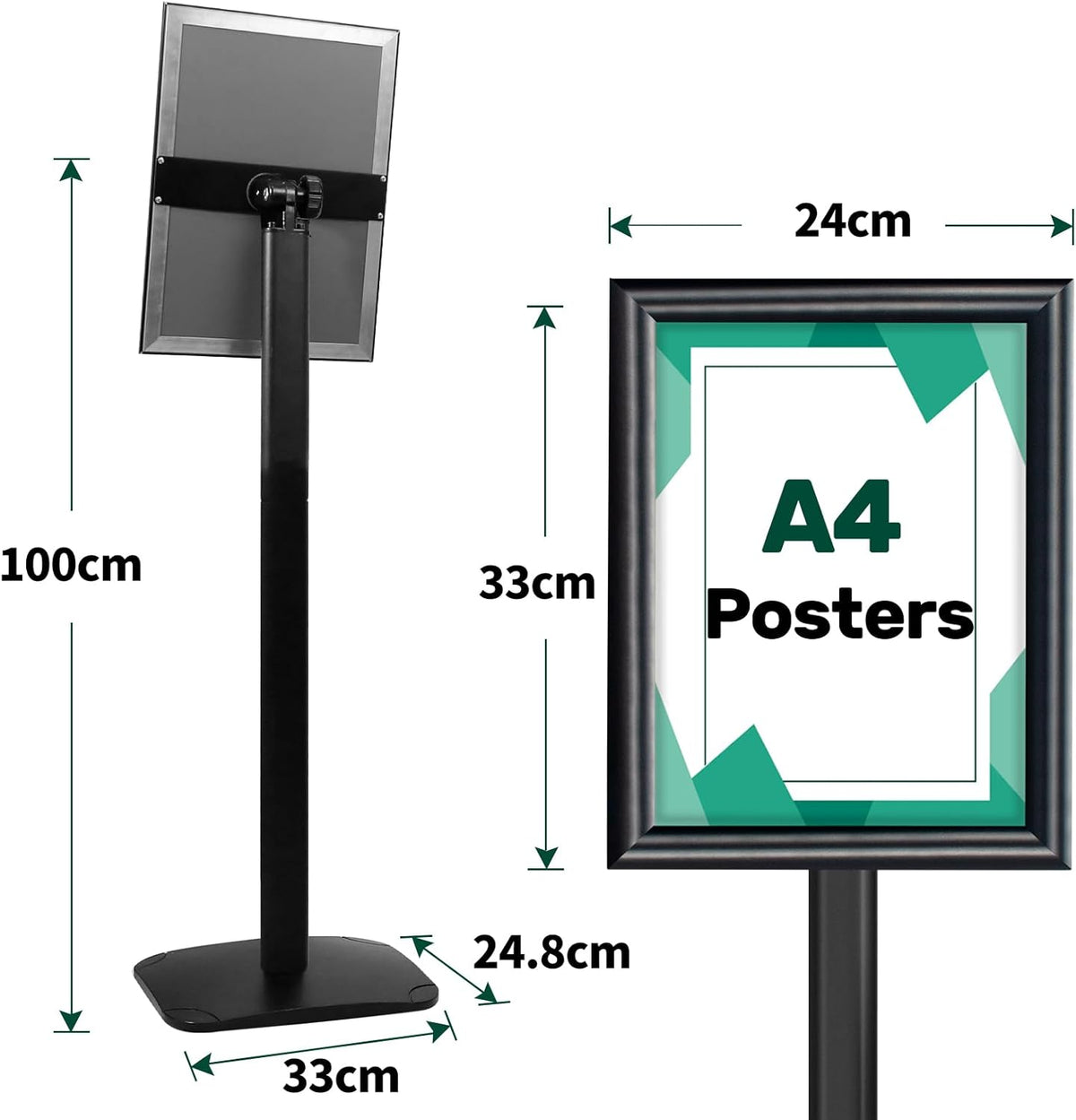 A4 Displaystandaard – Bordstandaard – Bordhouder – Vloerstandaard – Menustandaard – 3-Delige Set Zwart – Verzwaarde Basis 2,6 Kg – Verstelbare 180°/360° Kijkhoek