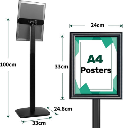 A4 Displaystandaard – Bordstandaard – Bordhouder – Vloerstandaard – Menustandaard – 3-Delige Set Zwart – Verzwaarde Basis 2,6 Kg – Verstelbare 180°/360° Kijkhoek
