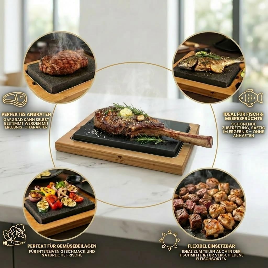 Lavasteen steakbord, extra groot, Hot Stone Stone Grill Set van bamboeplank, lavastone en porseleinen plaat, vlees, vis grillen op hete steen (XXL)