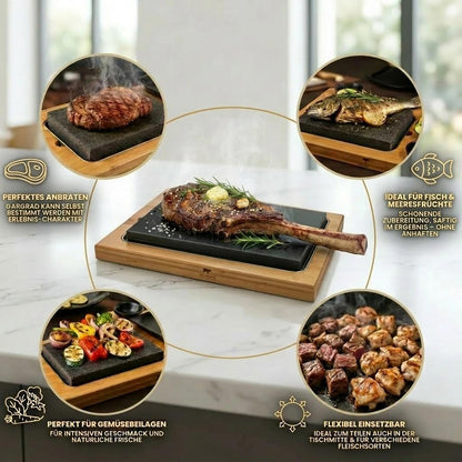 Lavasteen steakbord, extra groot, Hot Stone Stone Grill Set van bamboeplank, lavastone en porseleinen plaat, vlees, vis grillen op hete steen (XXL)