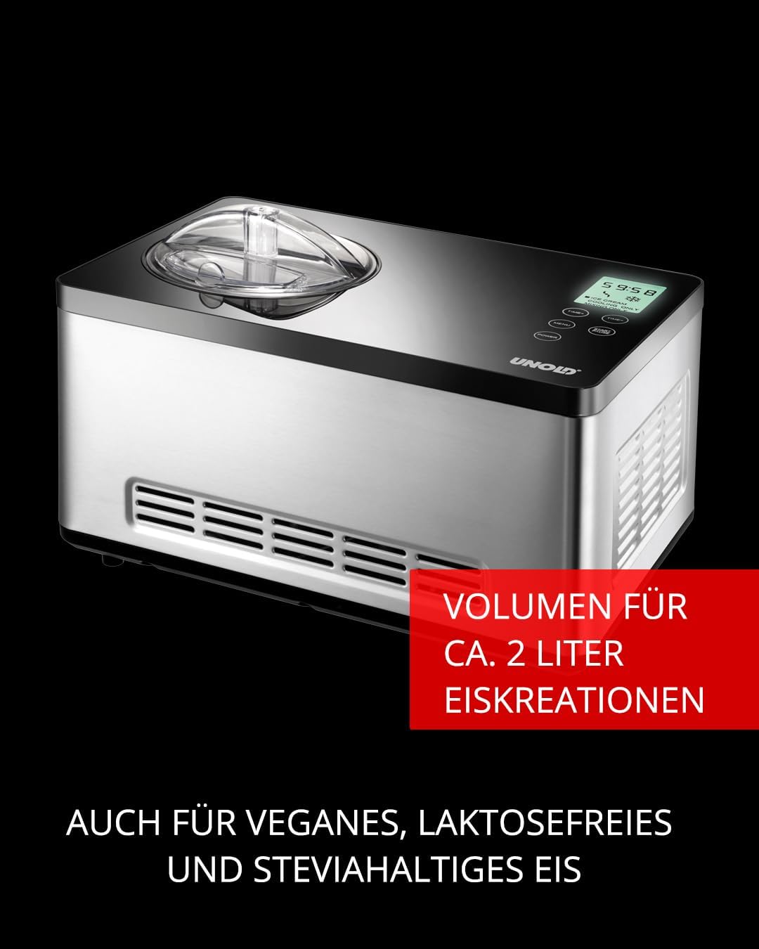 UNOLD 48845 Gusto IJsmachine, met zelfkoelende compressor, 180 W, 2 l volume, elegante roestvrijstalen behuizing, lcd-display, digitale timer