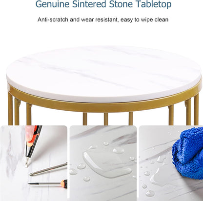 Marmeren Top Bijzettafel Goud: Kleine Ronde Eindtafels 40 x 54 cm Gesinterde Steen Nachtkastje met Metalen Gouden Poten Moderne Witte Nachtkast 2-laags Ronde Sofa Salontafel voor Slaapkamer Woonkamer