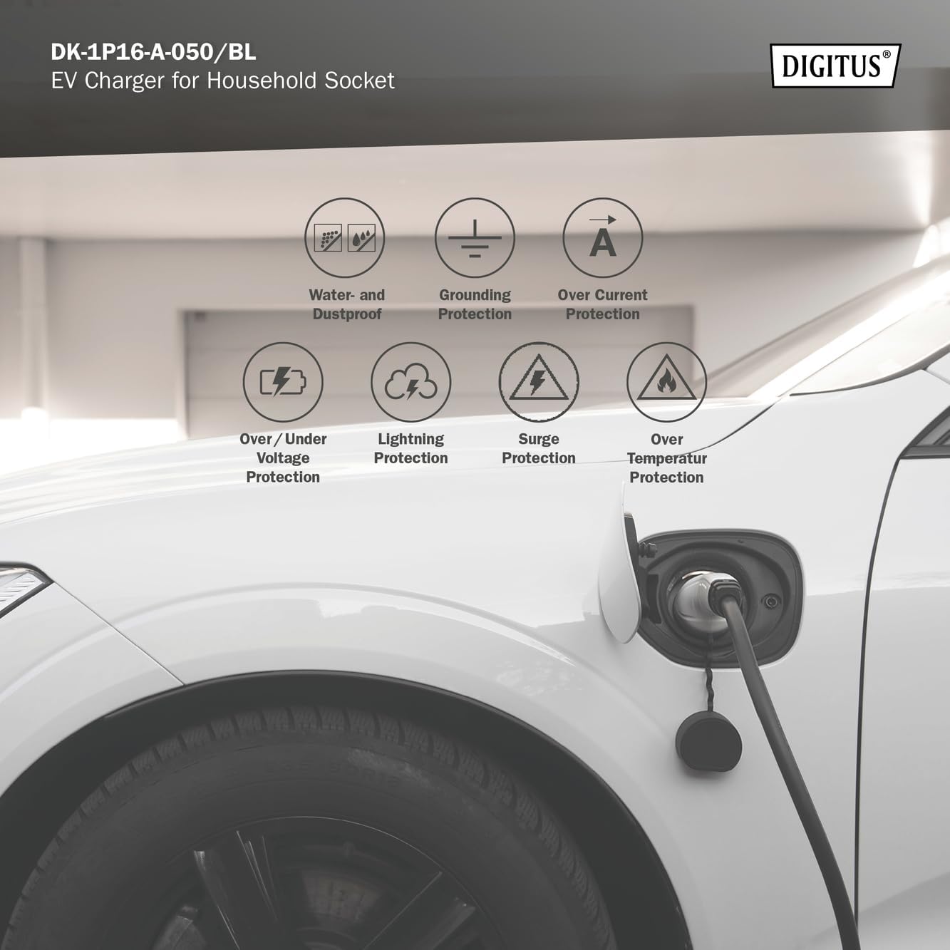 DIGITUS Lader voor elektrische voertuigen - 1-fase - regelbaar laadvermogen max. 3,7 kW - type 2 stekker - 5 m laadkabel - mode 2 - LCD-display - Zwart