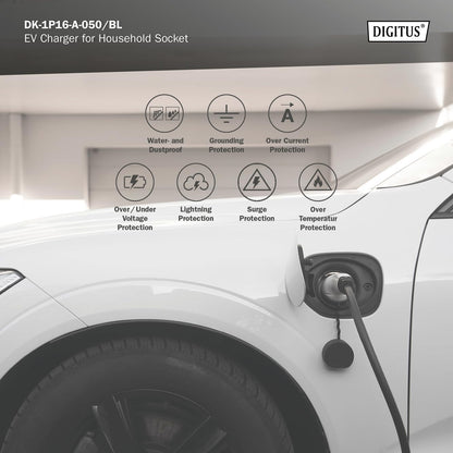 DIGITUS Lader voor elektrische voertuigen - 1-fase - regelbaar laadvermogen max. 3,7 kW - type 2 stekker - 5 m laadkabel - mode 2 - LCD-display - Zwart