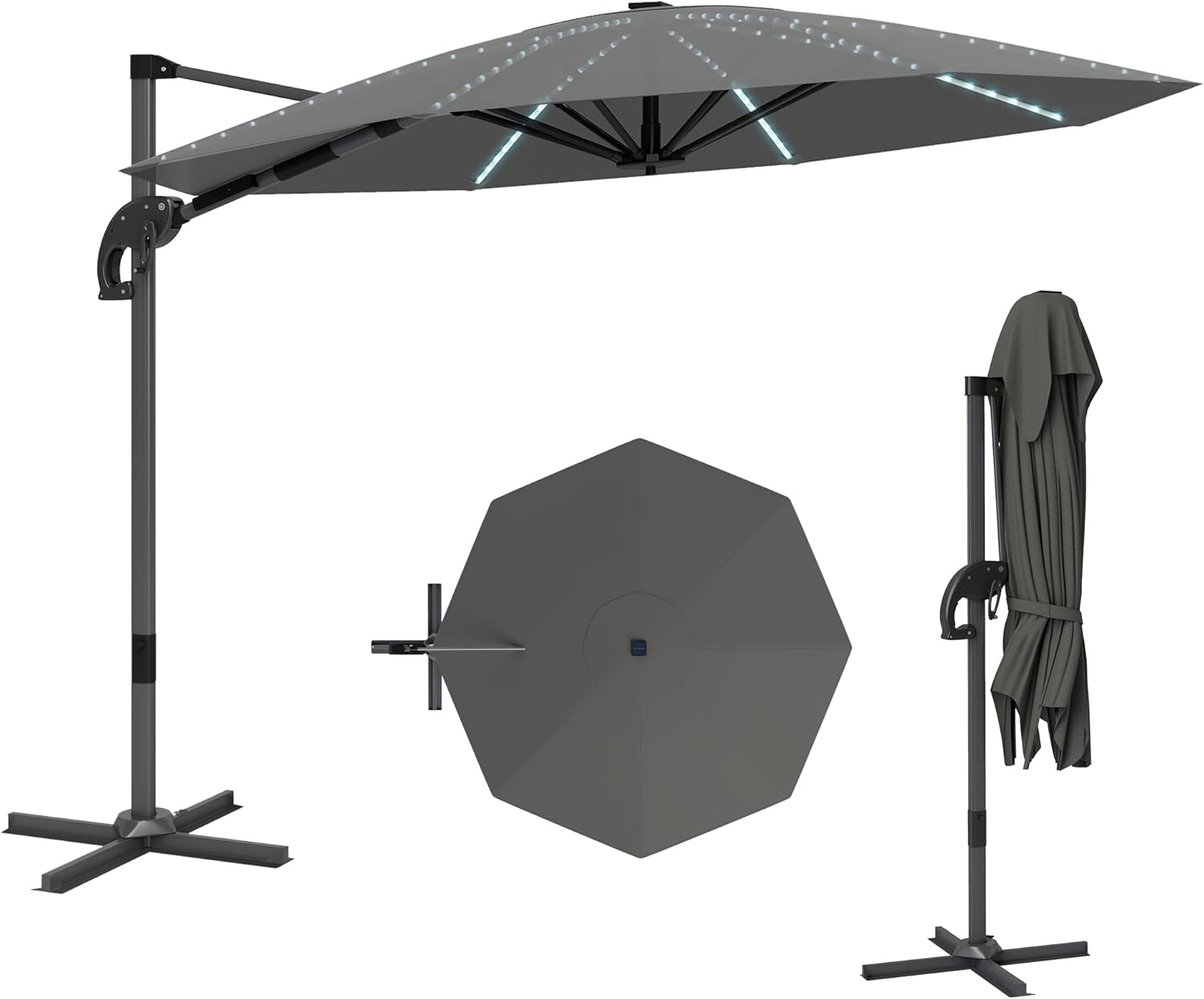 Outsunny Alu Ampelschirm LED Solar Ø300cm höhenverstellbar Sonnenschirm mit Kurbel Ständer UV50+ Wasserabweisend 360° drehbar Marktschirm neigbar Gartenschirm Sonnenschutz für Garten Balcony - QUORE