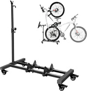 Fietsstandaard - Fiets Montagestandaard - Fietshouder - Vrijstaande Fiets-Vloerstandaard - met Vergrendelbare Wielen - In Hoogte Verstelbaar - voor Alle Fietstypes - tot 4inch Bandbreedte - Belastbaarheid tot 25kg - 85 x 68 x 43 cm - Zwart