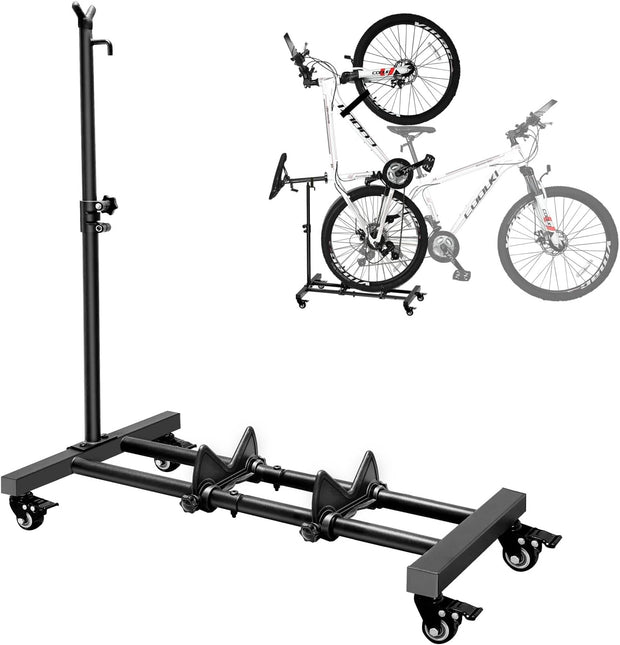 Fietsstandaard - Fiets Montagestandaard - Fietshouder - Vrijstaande Fiets-Vloerstandaard - met Vergrendelbare Wielen - In Hoogte Verstelbaar - voor Alle Fietstypes - tot 4inch Bandbreedte - Belastbaarheid tot 25kg - 85 x 68 x 43 cm - Zwart