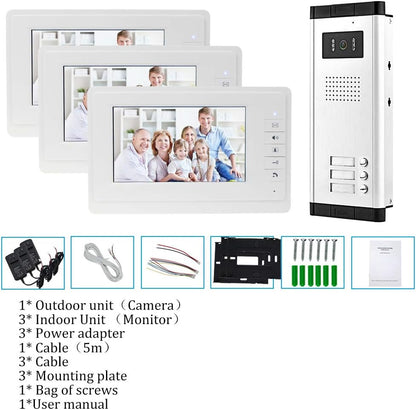 7 inch video-deurintercomsysteem, kleur bekabeld, infrarood deursysteem, nachtzichtcamera + binnenmonitor voor 2/3 woningen (3 monitoren)