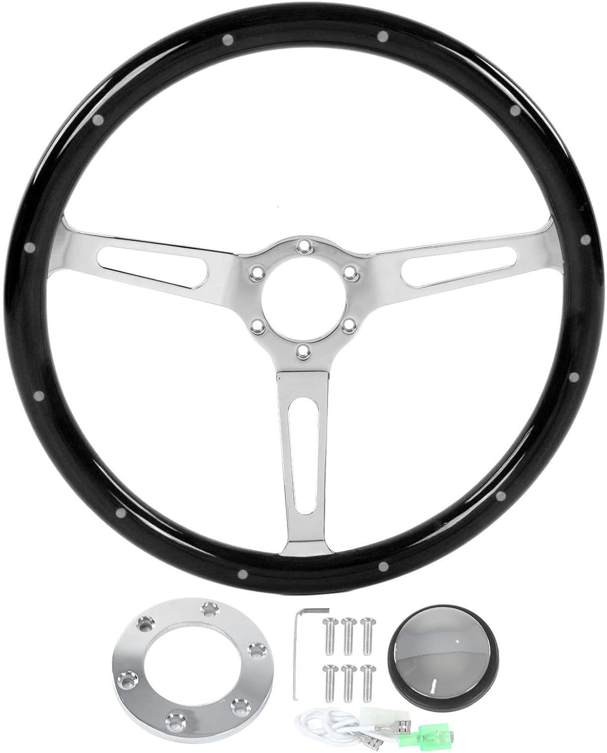 Vintage Houten Stuurwiel – Klassiek Stuur – Retro Stuurwiel – Auto Stuur – Universeel Stuurwiel – 380 MM Diameter – Walnotenhout Met Chromen Spaken