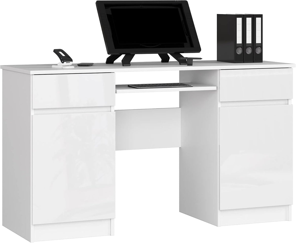 PC Desk A5 with Keyboard Shelf, Office Desk, Computer Table, Desk Table with Keyboard Shelf, 2 Drawers and 2 Door Shelves, W135 x H77 x D50 cm, 58 kg, White/White Glossy - QUORE