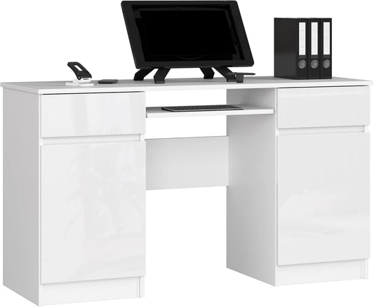 PC Desk A5 with Keyboard Shelf, Office Desk, Computer Table, Desk Table with Keyboard Shelf, 2 Drawers and 2 Door Shelves, W135 x H77 x D50 cm, 58 kg, White/White Glossy - QUORE