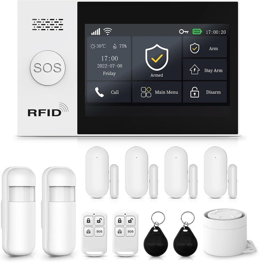 XNY 12-delige kit volledig touchscreen draadloos Smart Home Alarmsysteem, DIY 4G en WiFi inbraakalarmsysteem voor thuisbeveiliging met APP Alert, Bewegingsmelder, Deurraamsensor, Afstandsbediening