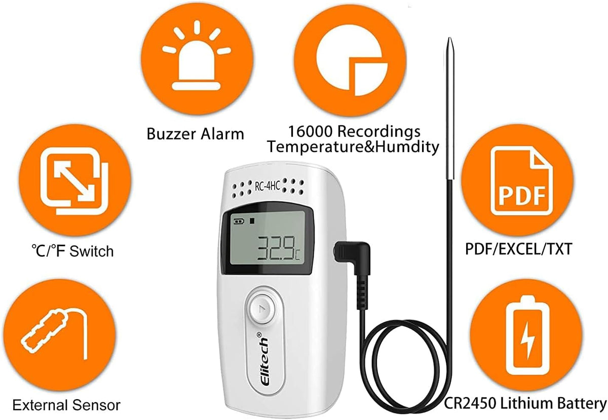 Elitech Datalogger voor temperatuurgegevens, dubbele sensor, groot meetbereik, USB, PDF, LCD, datalogger RC-4HC, 5 stuks