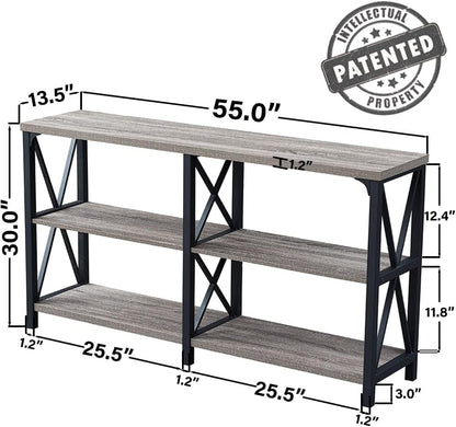 LVB Rustieke banktafel, boerderij consoletafel voor woonkamer, hal entryway tafel met opslag, entree tafel voor foyer, 55 inch grijs eiken