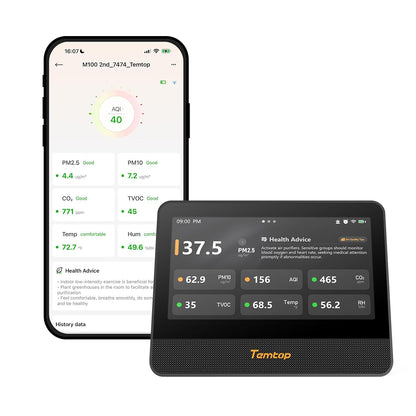 Temtop WiFi-luchtkwaliteitsmonitor M100 2e, 7 inch touchscreen CO2-detector voor binnen en luchtkwaliteitstester voor PM2.5 PM10 TVOC temperatuurvochtigheid, luchtanalysator voor thuiskantoor met