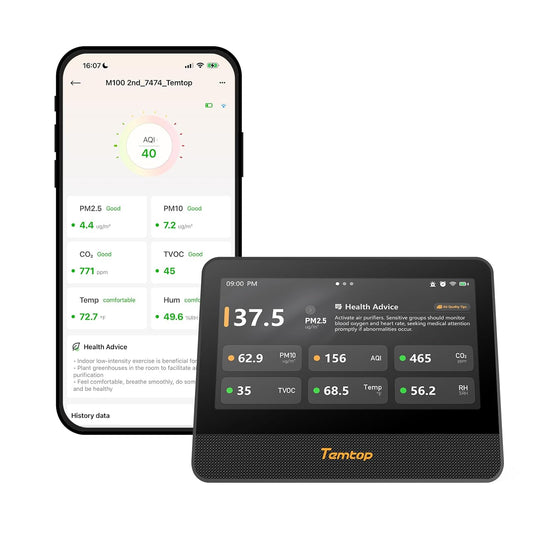 Temtop WiFi-luchtkwaliteitsmonitor M100 2e, 7 inch touchscreen CO2-detector voor binnen en luchtkwaliteitstester voor PM2.5 PM10 TVOC temperatuurvochtigheid, luchtanalysator voor thuiskantoor met