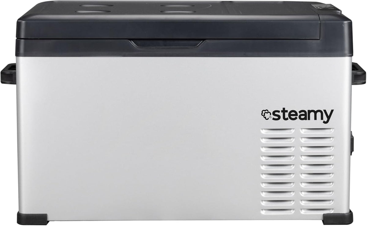 Steamy-E Single Zone 30, Elektrische Compressor Koelbox, 27 Liter, Zilver, 12V/230V, voor vriezen en koelen van -20 tot +20, ideaal voor op de camping
