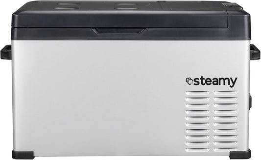 Steamy-E Single Zone 30, Elektrische Compressor Koelbox, 27 Liter, Zilver, 12V/230V, voor vriezen en koelen van -20 tot +20, ideaal voor op de camping