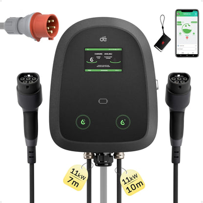 dé Dual-Cable Wallbox 2×11kW [7m+10m, 6-16A, 3-Fase] EV Oplader 11kW met Twee Type 2 Laadkabel met APP, RFID en OCPP-protocollen, Wallbox 11kW Gelijktijdig Opladen van Twee Auto’s, voor BEV/PHEV.