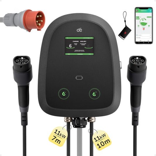 dé Dual-Cable Wallbox 2×11kW [7m+10m, 6-16A, 3-Fase] EV Oplader 11kW met Twee Type 2 Laadkabel met APP, RFID en OCPP-protocollen, Wallbox 11kW Gelijktijdig Opladen van Twee Auto’s, voor BEV/PHEV.