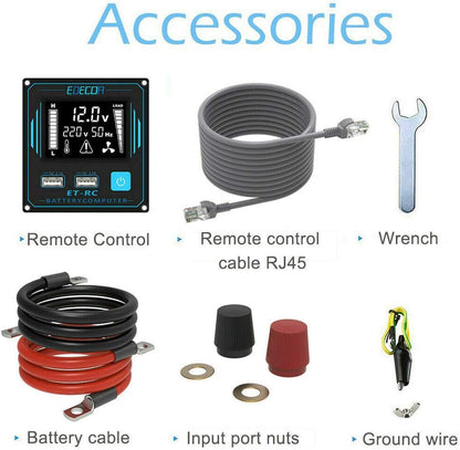 Edecoa omvormer 2000 W, spanningstransformator, 12 V/230 V, met nieuwe afstandsbediening, 2 x USB en LCD-scherm voor zonnepaneel, auto, woonwagen
