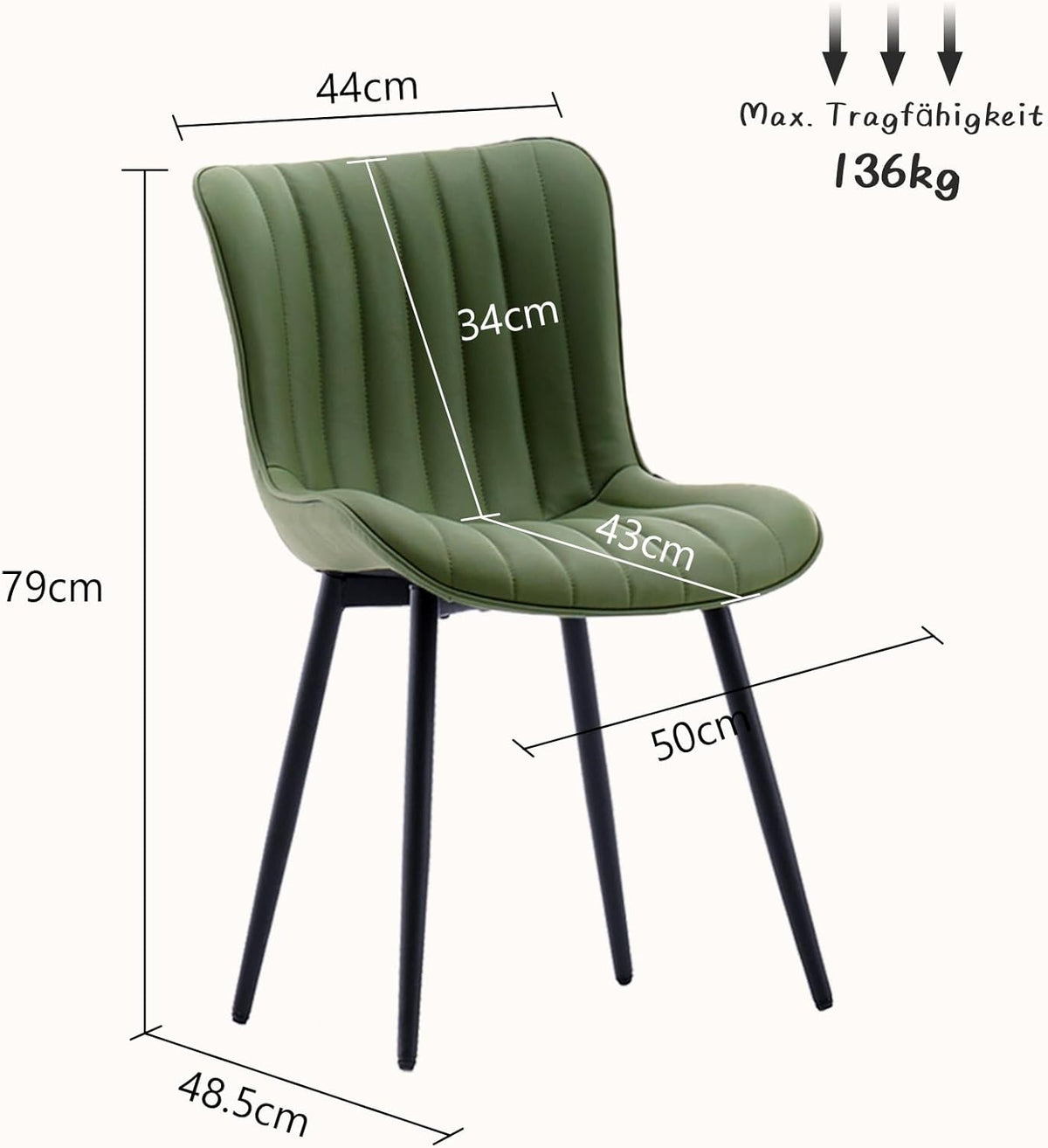 YOUTASTE Eetkamerstoelen, set van 2, kunstleer, keukenstoelen met rugleuning, gestoffeerde stoel, tot 136 kg belastbaar, stoelen voor eetkamer, keuken, olijfgroen
