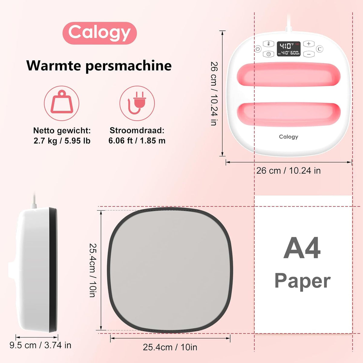 Calogy Warmtepersmachine Voor T-Shirts 10"X10", Draagbaar Sublimatieijzer Voor Tassen, Kussens, Htv Vinyl Transfer Projecten (Wit Roze)