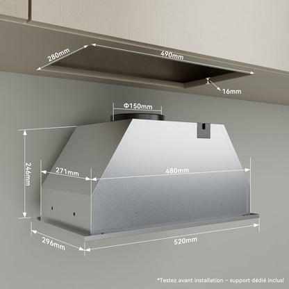 Hermitlux Afzuigkap, 52 cm, inbouw, keukenafzuigkap, luchtstroom 750 m³/h, 68 dB, LED-verlichting, koolstoffilter, roestvrij staal