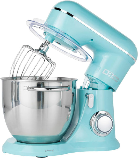 Kitchen in the Box Keukenmachine, 1300 W, 6 liter, deegmachine voor thuisbakken, roermachine met 10 snelheden, met kneedhaken, garde en roerhaken, blauw