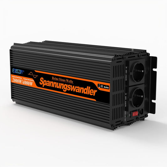 EDECOA 2000W/4000W 12V/230V zuivere sinusgolf omvormer, nominaal vermogen 2000 watt, 12 V DC tot 230 V AC zonne-omvormer met LCD-afstandsbediening, USB en Type-C interfaces beschikbaar, EU-standaard