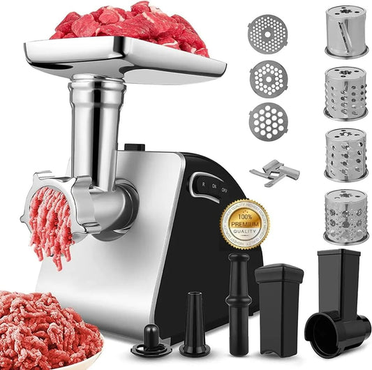 Professionele elektrische vleesmolen, met worstvulling en koekjesopzetstuk, worstmachine, vleesmachine met 3 schijven, 4 kegelmessen en kibbe-opzetstukken voor gehakt, groenten, kaas en spuitgebak