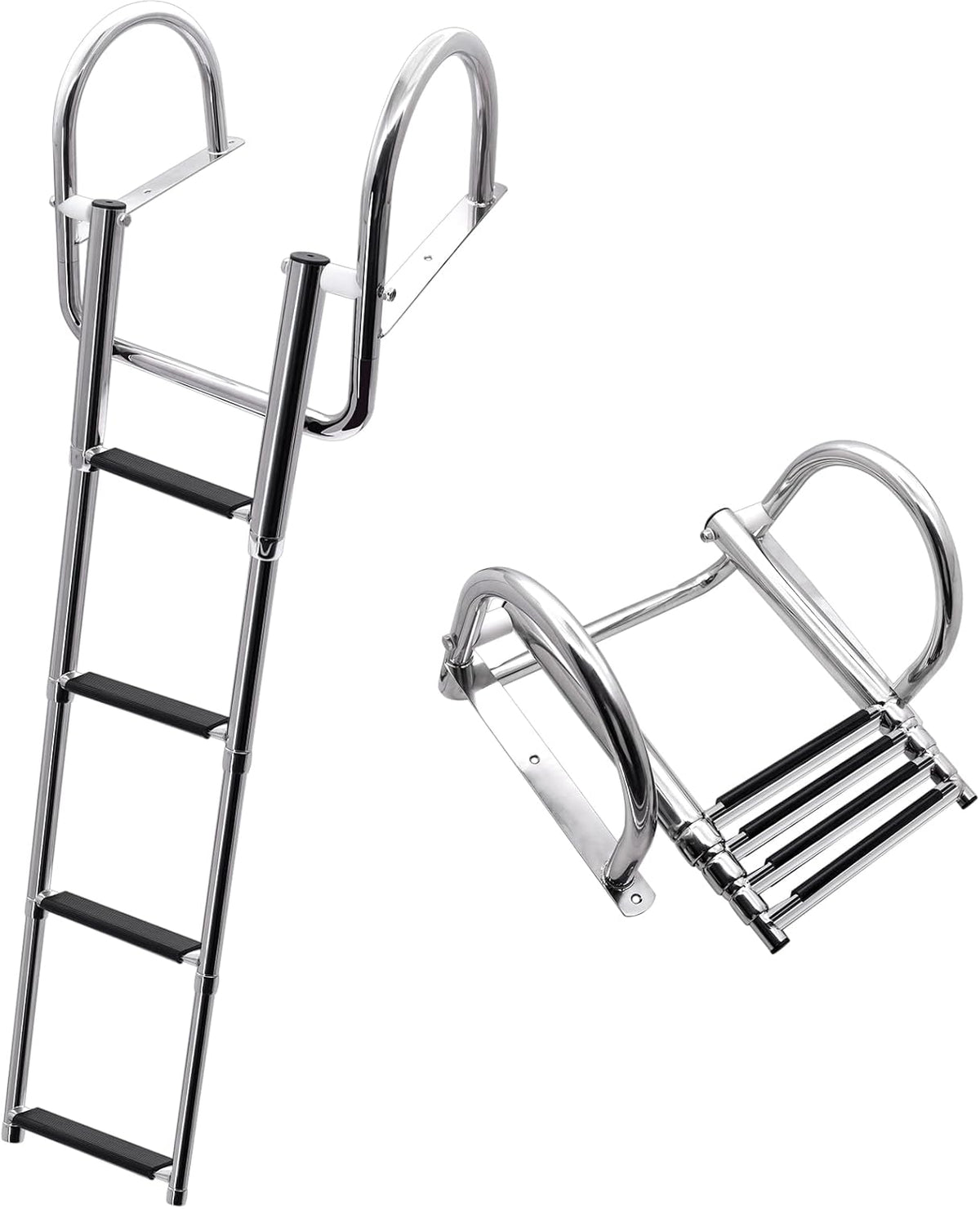 KAOLALI Bootladder, 4 treden, zwembadladder, roestvrij staal, inklapbaar, telescoop met grote leuningen en brede sporten, draagkracht 227 kg, voor zwembad, dek en boot