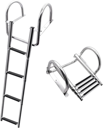 KAOLALI Bootladder, 4 treden, zwembadladder, roestvrij staal, inklapbaar, telescoop met grote leuningen en brede sporten, draagkracht 227 kg, voor zwembad, dek en boot