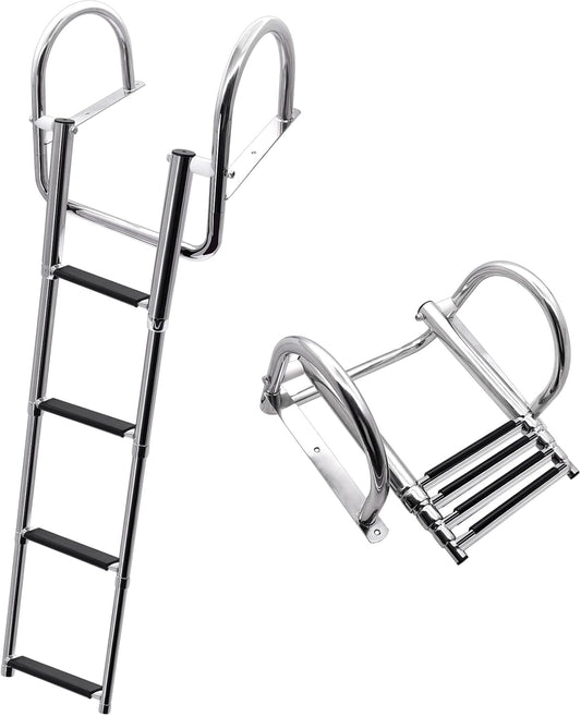 KAOLALI Bootladder, 4 treden, zwembadladder, roestvrij staal, inklapbaar, telescoop met grote leuningen en brede sporten, draagkracht 227 kg, voor zwembad, dek en boot