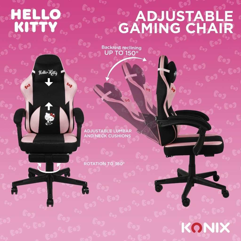 Konix Hello Kitty Gaming-bureaustoel, zithoek 150 graden, frame van hout en metaal, kussens, voetensteun, zwart en roze