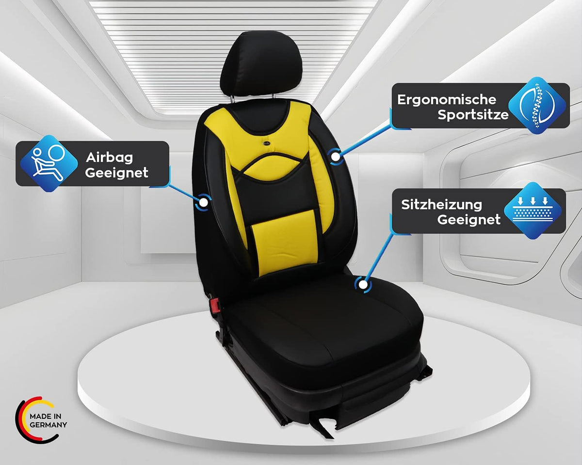 BREMER SITZBEZÜGE Autostoelhoezen van kunstleer, compatibel met VW Golf 4 bestuurders en passagiers vanaf 1997-2006, textielleer, set van 2 autostoelhoezen in zwart/geel (D105)