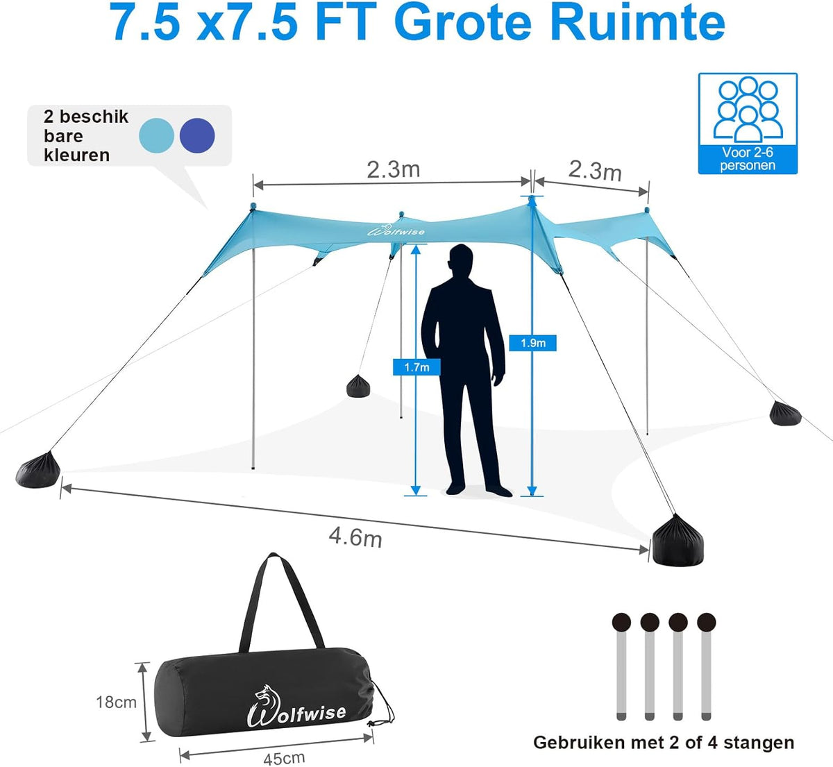 WolfWise UPF50+ Strandtent Zonnescherm, 2,3 x 2,3 m Familie Strand Parasol Geschikt voor 2-6 Personen, Gemakkelijk Op te zetten Winddicht Waterdicht Strand Afdak, Blauw, Large