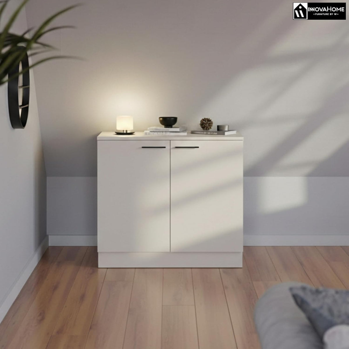 INNOVAHOME Knee Shelter Cabinet 80 cm – Low Loft Cabinet for Angled Walls with Robust Structure 18 mm (Hull & Back Wall), Metal Handles and Adjustable Legs – Polar White - QUORE