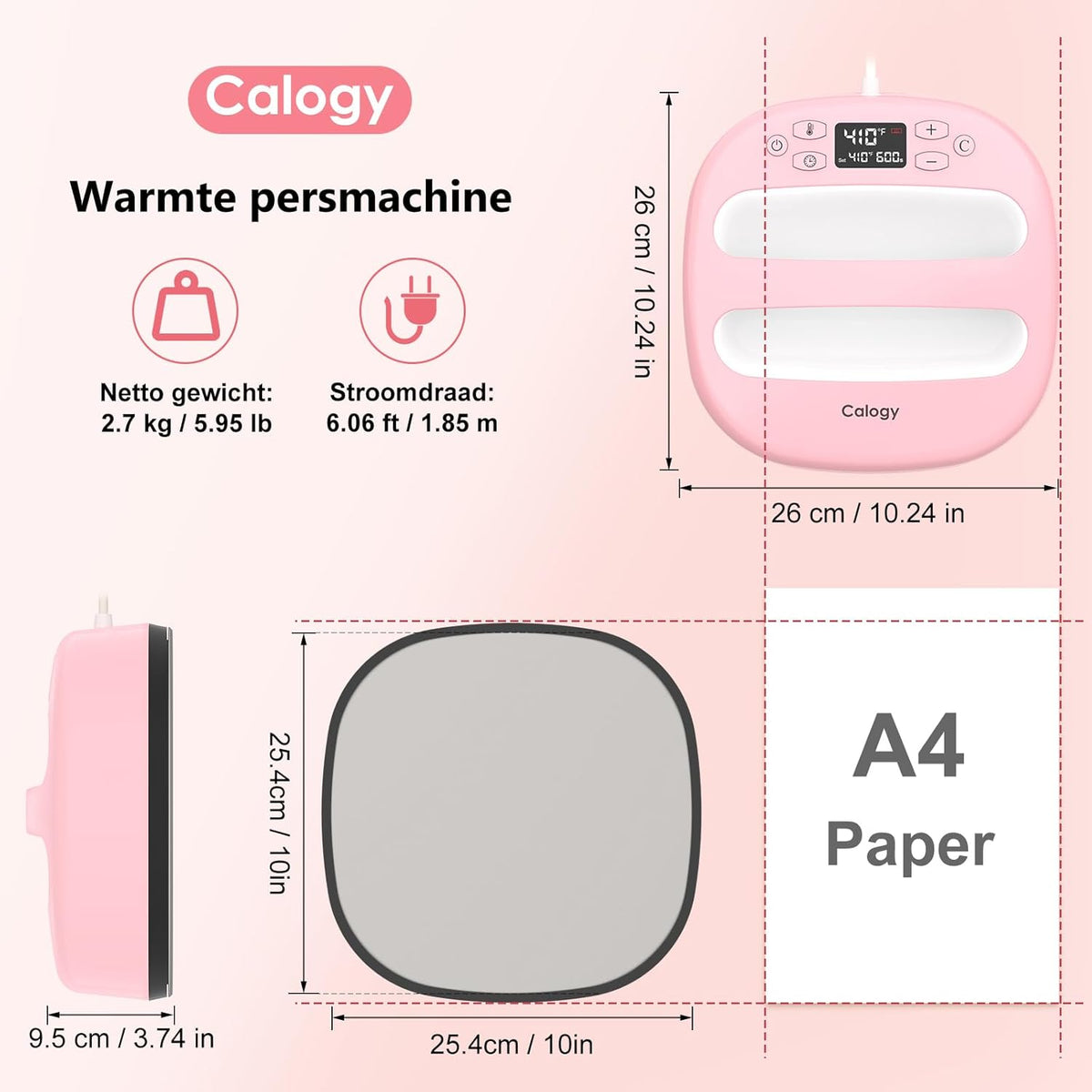 Calogy Warmtepersmachine Voor T-Shirts 10"X10", Draagbaar Sublimatieijzer Voor Tassen, Kussens, Htv Vinyl Transfer Projecten (Roze Wit)