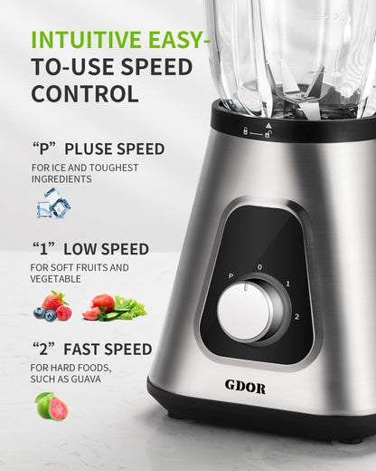 GDOR 1200 W blender glas 2-1 mixer smoothie maker met 1,5 l glazen kan en 650 ml reisbeker 3 snelheden high-performance mixer professionele blender voor smoothies shakes bevroren dranken sauzen