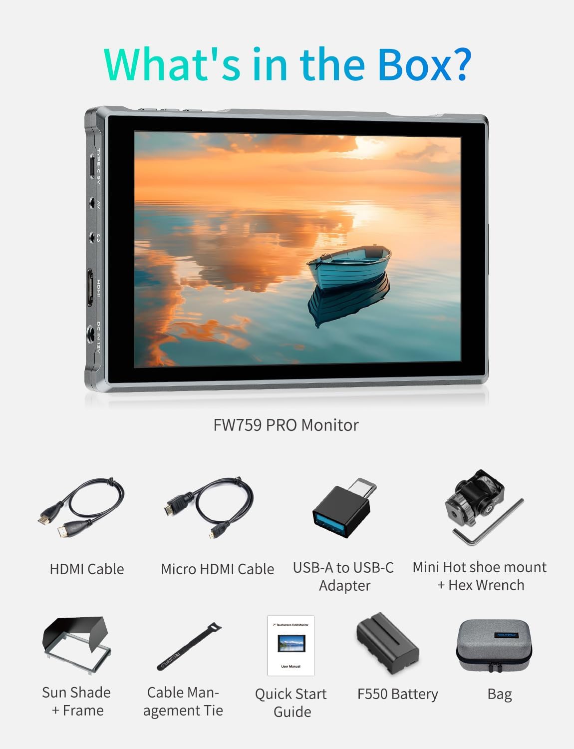 FEELWORLD FW759PRO Touchscreen Camera Veldmonitor 7 Inch 4K HDMI 178° Groothoek Camera Monitor met Parasol,2200mAh Batterij en Tas,9:16 Markering,AV Ingang Geschikt voor DSLR