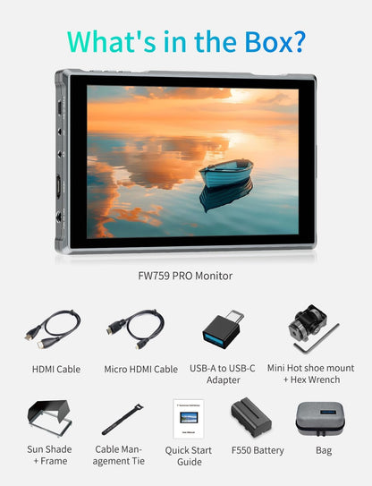 FEELWORLD FW759PRO Touchscreen Camera Veldmonitor 7 Inch 4K HDMI 178° Groothoek Camera Monitor met Parasol,2200mAh Batterij en Tas,9:16 Markering,AV Ingang Geschikt voor DSLR